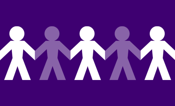 Silhouettes of a people on a purple background