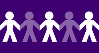 Silhouettes of a people on a purple background