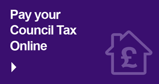 Outline of a house with a £ sign in it alongside the words Pay your Council Tax Online