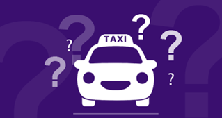Silhouette of a taxi on a purple background surrounded in different size question marks